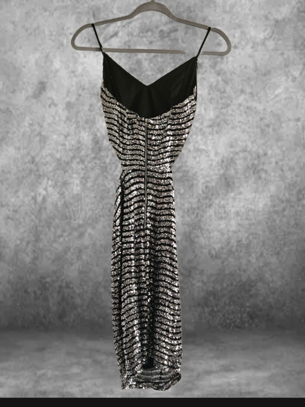 Sequin Striped Cutout Midi Dress - Silver & Black XS - Picture 2 of 4